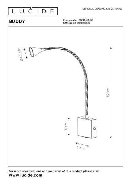 Lucide BUDDY - Bettlampe / Wandleuchte - LED - 1x4W 4000K - Schwarz - TECHNISCH